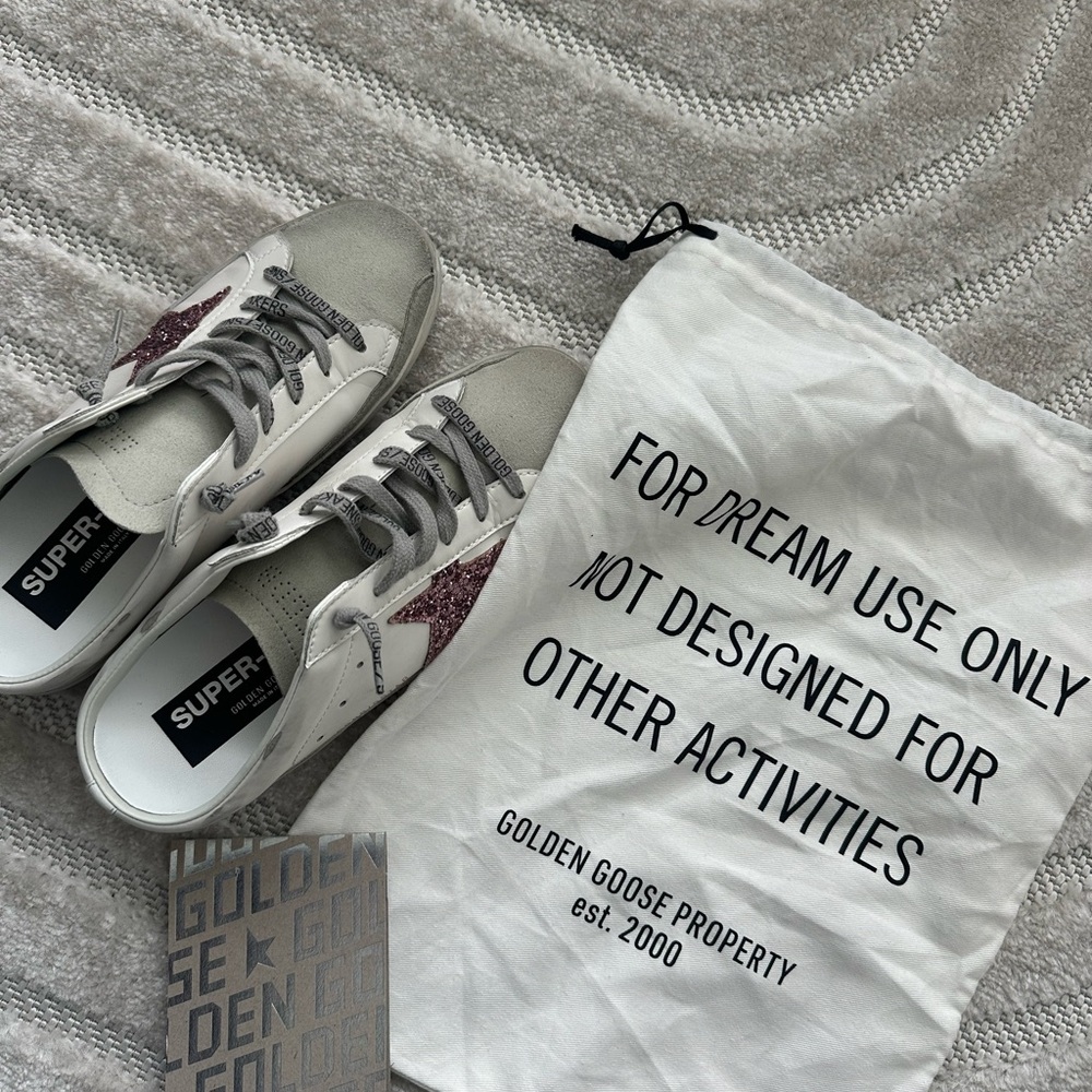 Golden Goose White and Gray Sneakers with Pink Glitter